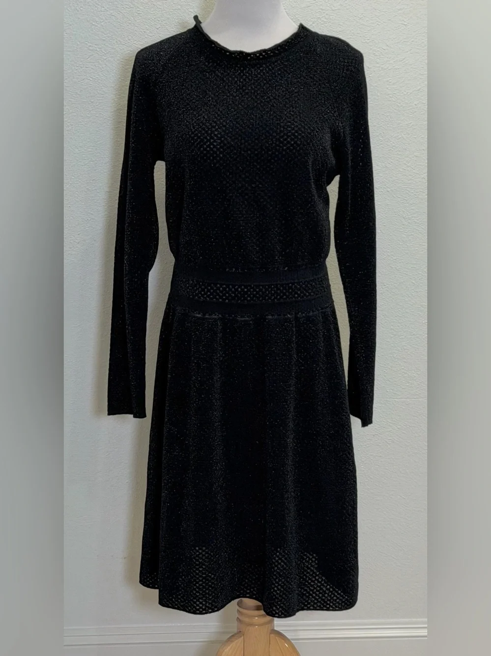 Tory Burch Isabelle Metallic Wool Blend Dress Large Black Sweater Long Sleeve